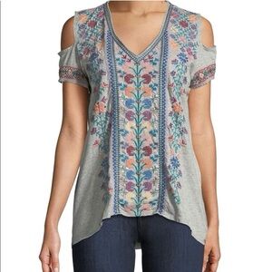 NWOT Johnny was Embroidered Floral Gray cold shoulder‎ cotton oversized P2P 18